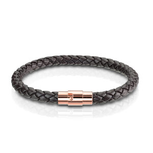 Dark Brown Bolo Braided Cord with Rose Gold IP Magnetic Stainless Steel Clasp Leather Bracelet