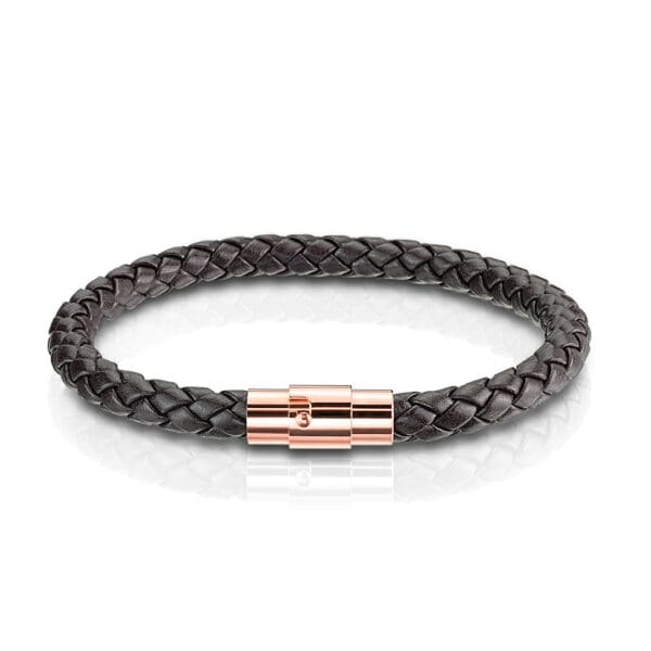 Dark Brown Bolo Braided Cord with Rose Gold IP Magnetic Stainless Steel Clasp Leather Bracelet