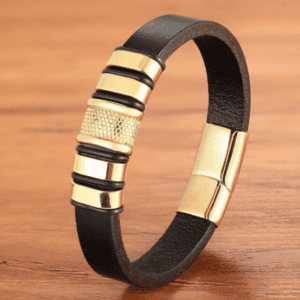 Men's Black & Gold Leather Bracelet