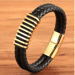 Men's Black & Gold Leather Bracelet