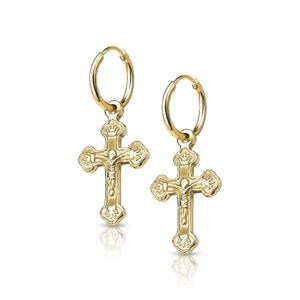 Pair of 316L Surgical Steel Gold Plated Hoop Earrings with Cross Dangle