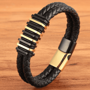 Men's Black & Gold Leather Bracelet