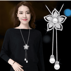 Long Crystal & Pearl Flower Necklace