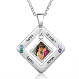 Photo Engraved Necklace with 4 Birthstones