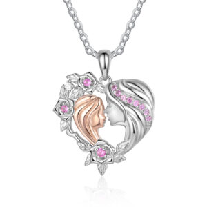 Beautiful Mother and Daughter Heart Necklace with Pink Stones