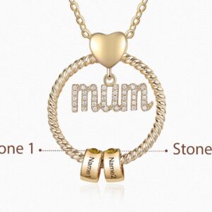 Gold Personalised MUM Necklace 2 Engraved Charm with 2 Birthstones