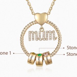 Gold Personalised MUM Necklace 3 Engraved Charm with 3 Birthstones