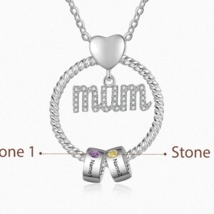 Personalised MUM Necklace 2 Engraved Charm with 2 Birthstones