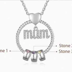 Personalised MUM Necklace 3 Engraved Charm with 3 Birthstones