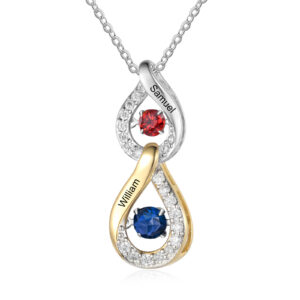 Personalised Gold & Silver Necklace 2 Stones Engraved 2 Names Birthstone