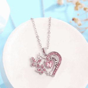 I Love You Heart with Pink CZ Necklace with Cute Butterflies